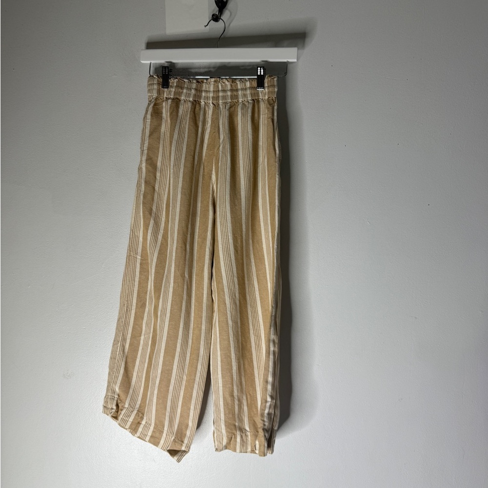 Madewell Brown White Stripe Linen Blend Smocked Huston Wide-Leg Cropped Pants XS - Picture 2 of 6